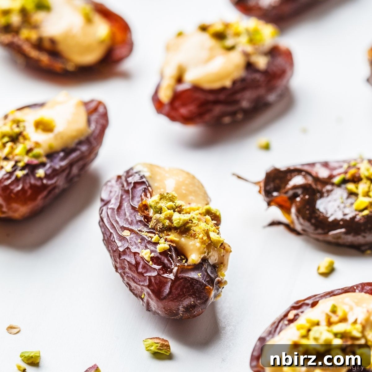 Easy 2-Ingredient Almond Butter Stuffed Dates 3 almond butter stuffed dates on a white surface