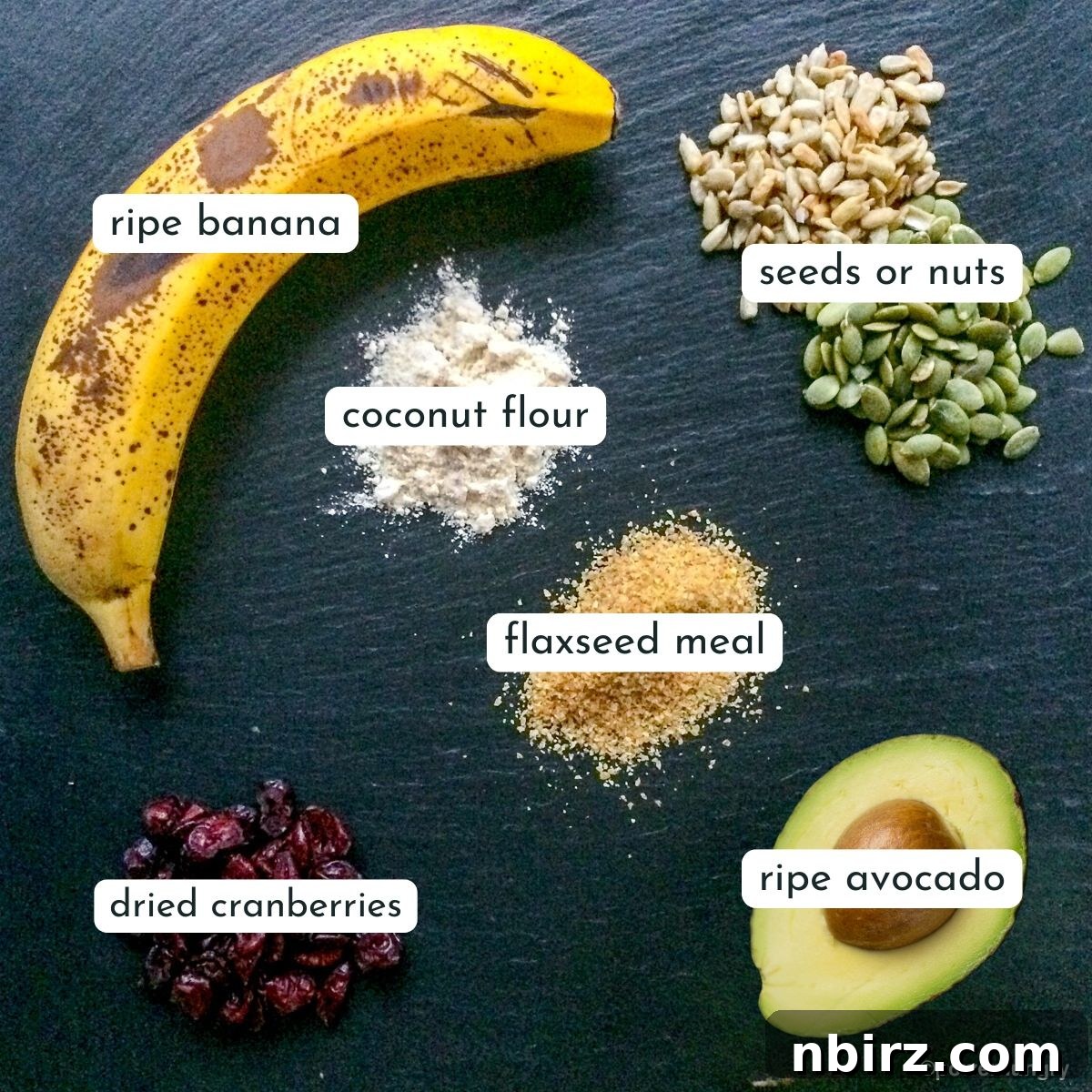 Overhead shot of all the individual ingredients for grain-free granola cookies laid out on a surface.