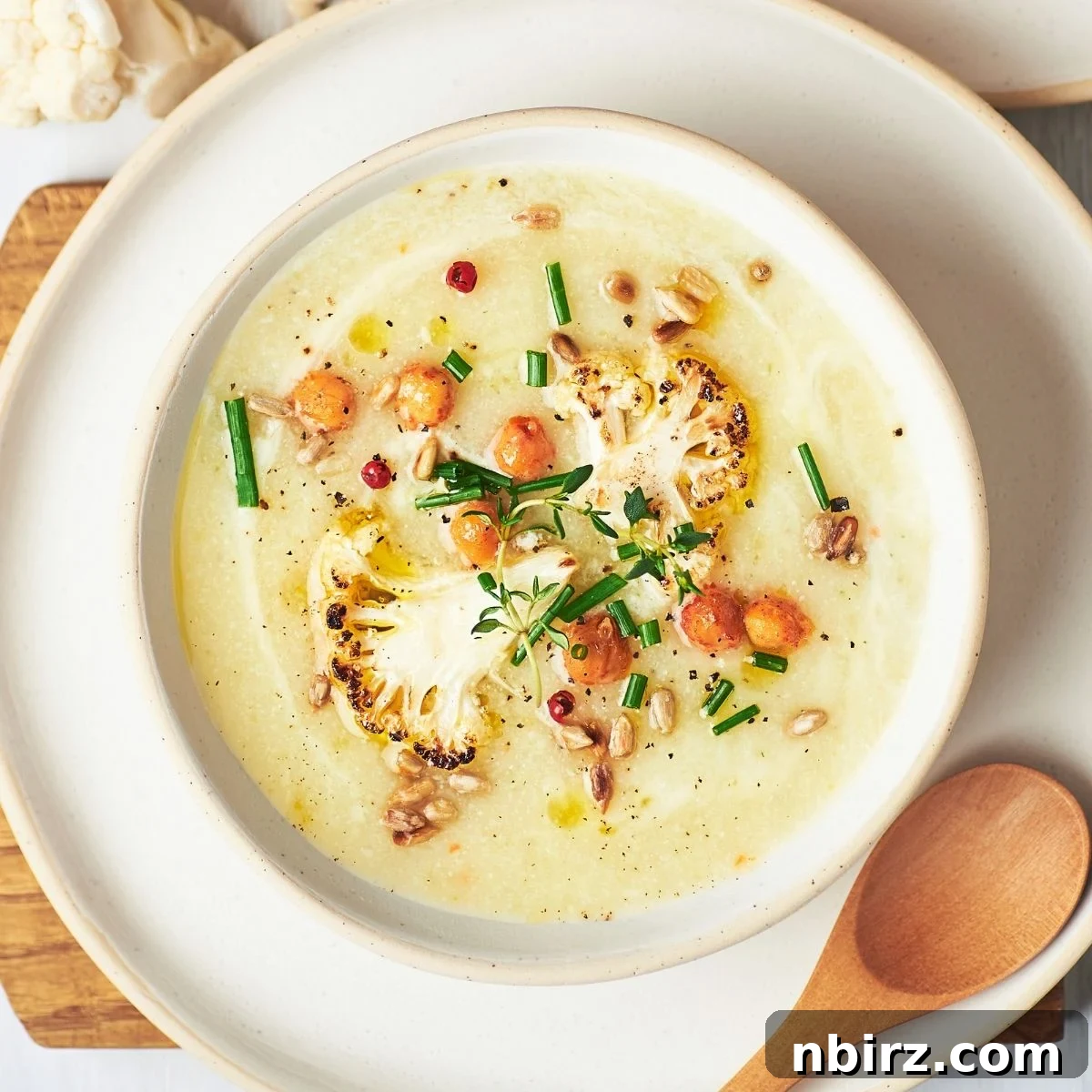 bowl of high protein vegan roasted cauliflower soup