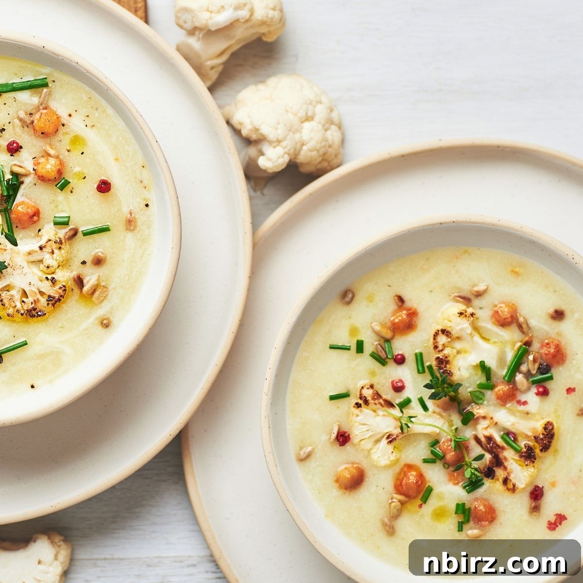 two bowls filled with vegan high protein roasted cauliflower soup