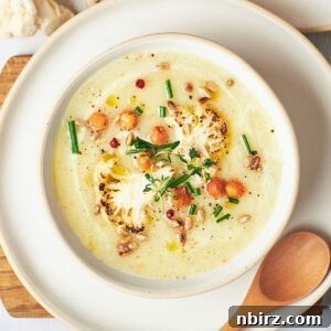 bowl of high protein vegan roasted cauliflower soup