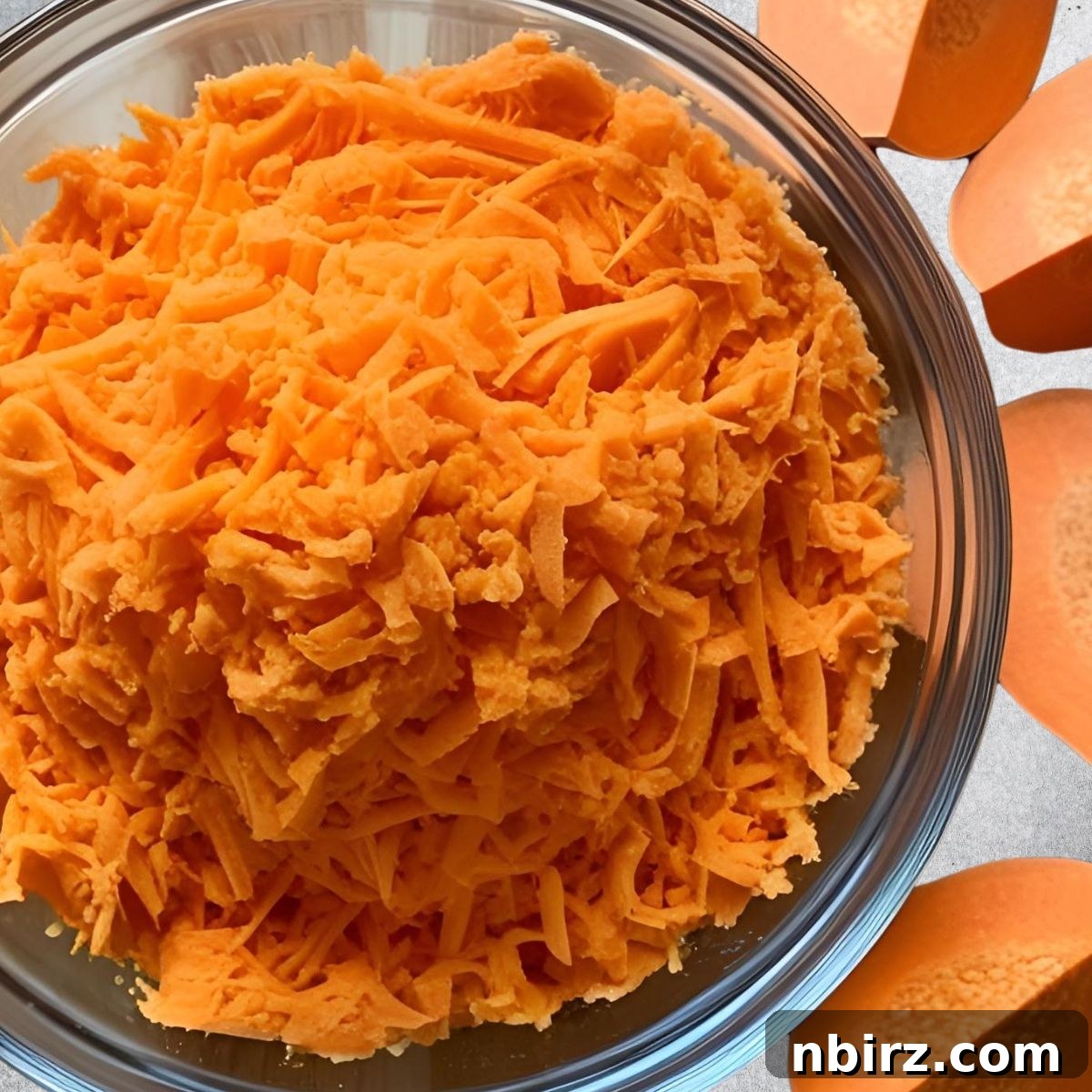 Quick Protein Boost Sweet Potato Soup Only Three Ingredients 3 A clear glass bowl filled with finely grated orange sweet potatoes, ready for cooking.