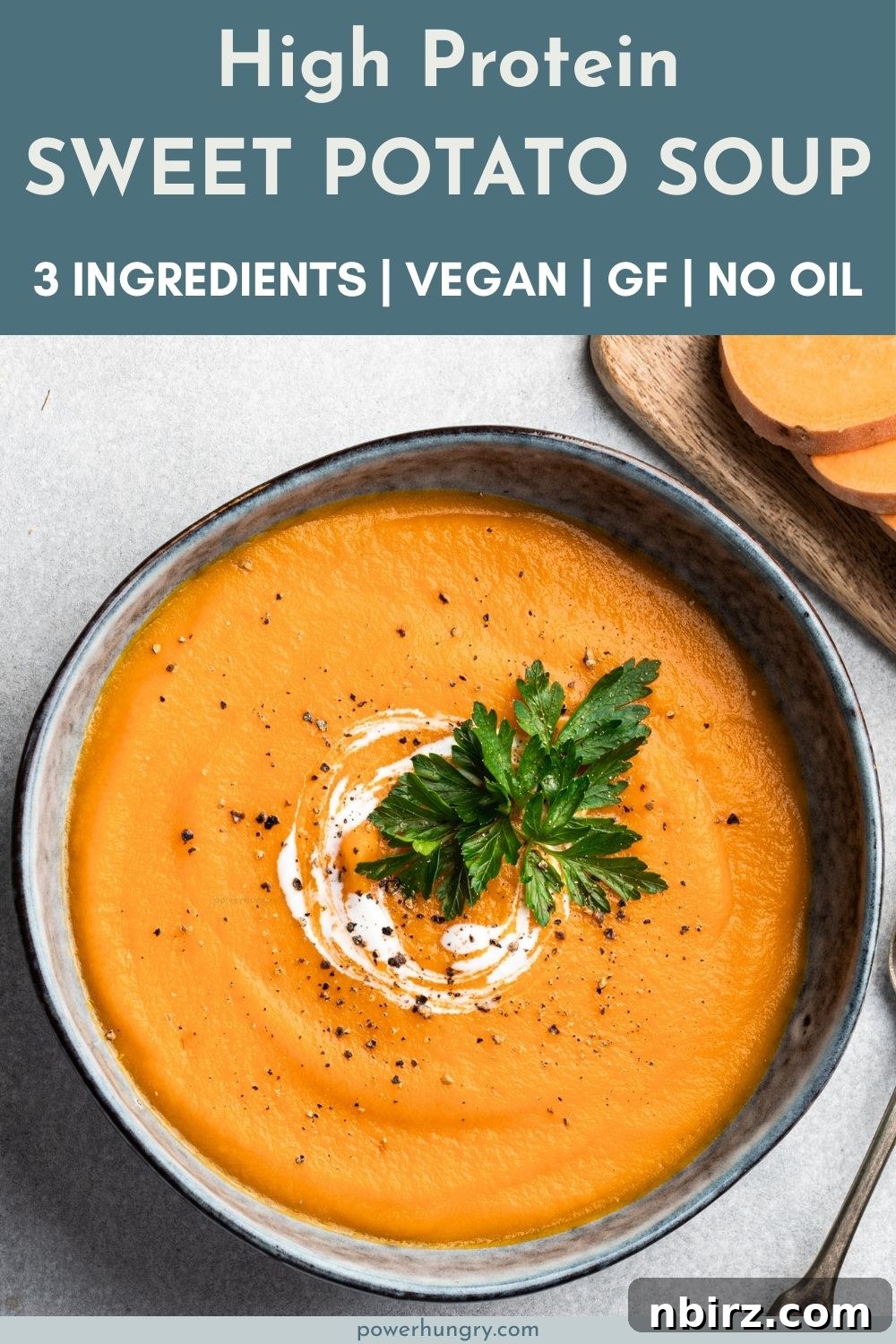 Quick Protein Boost Sweet Potato Soup Only Three Ingredients 4 A grey ceramic bowl brimming with high-protein sweet potato soup, ready to be enjoyed.