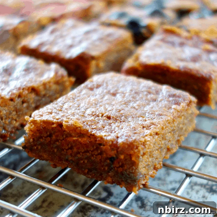 Close-up of a keto vegan peanut butter blondie on a silver cooling rack, invitingly baked to a golden brown