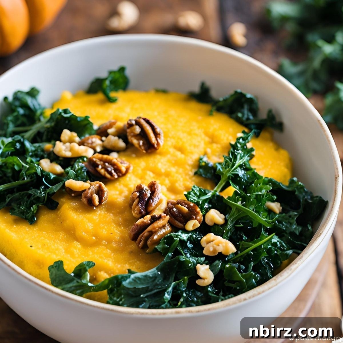 Creamy Pumpkin Polenta Power Bowl with Kale 3 A close-up view of creamy pumpkin polenta topped with vibrant green sautéed kale in a pristine white bowl.