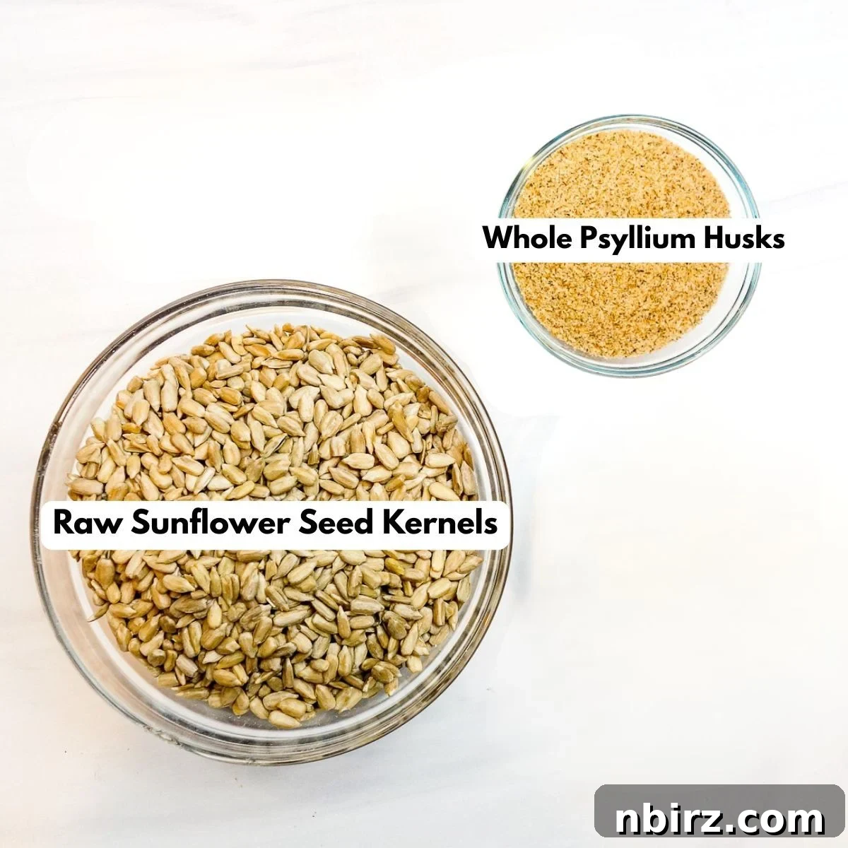 Sunflower Seed Flatbread 3 Raw sunflower seeds and psyllium husks in glass bowls