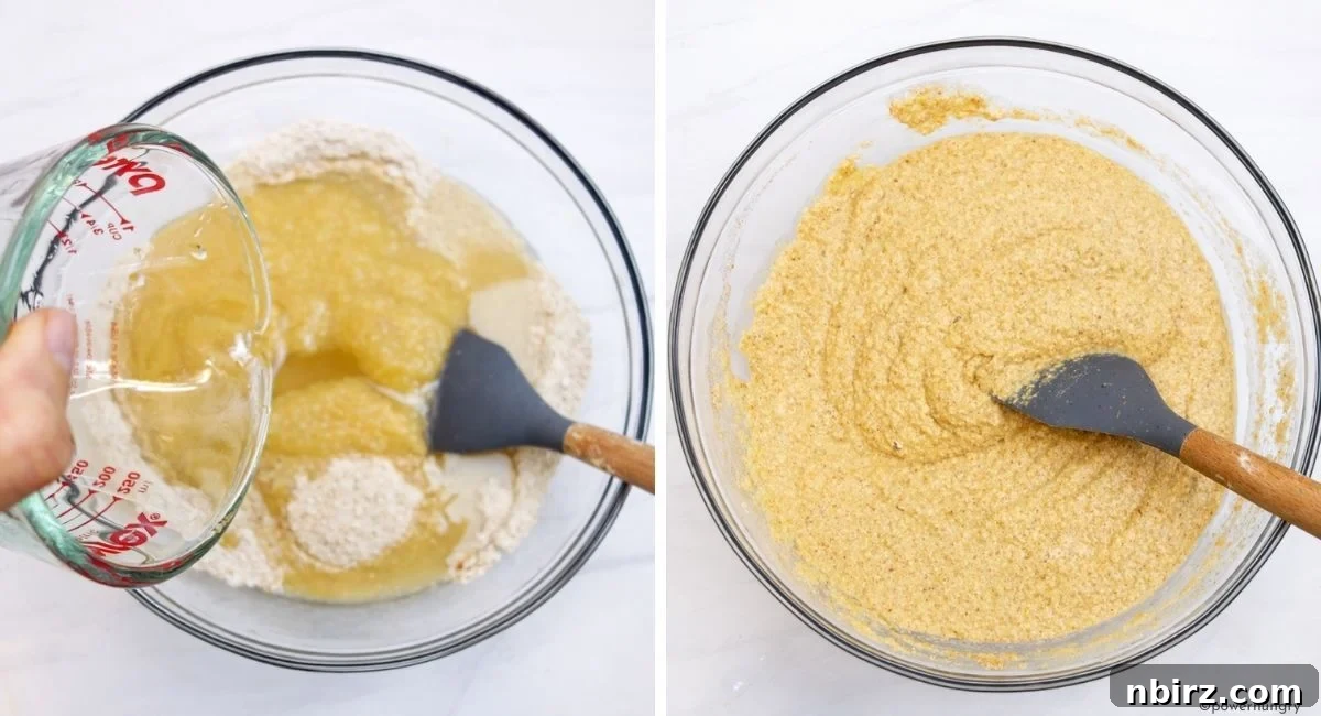 Wet ingredients added to applesauce oat flour muffins batter
