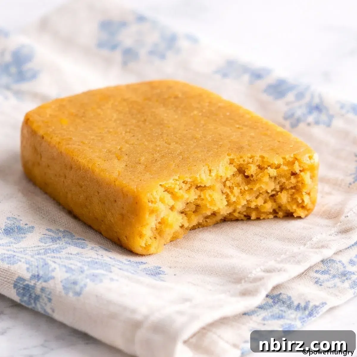 A single apricot protein bar with a bite taken out, showing its soft, chewy interior texture.