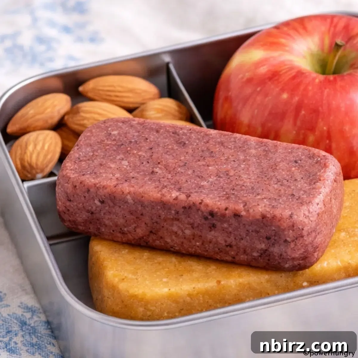 Dried fruit protein bars presented in a bento box alongside an apple and almonds, suggesting a complete healthy snack.