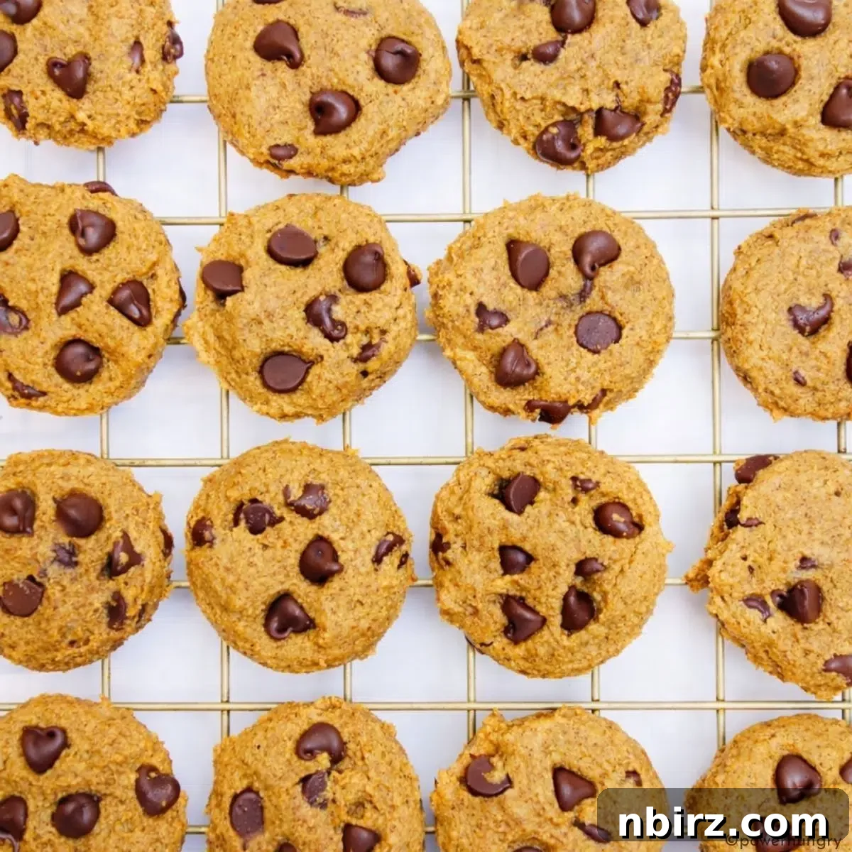 Warm vegan oat flour chocolate chip cookies cooling on a wire rack.