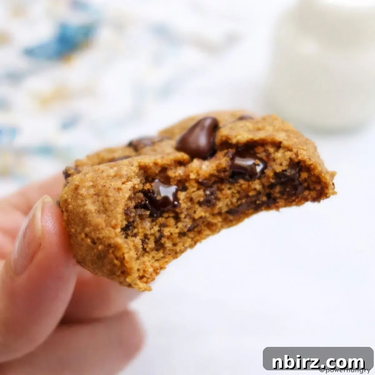 A single vegan chocolate chip oat flour cookie with a bite taken out, revealing its soft, chewy interior and melty chocolate.