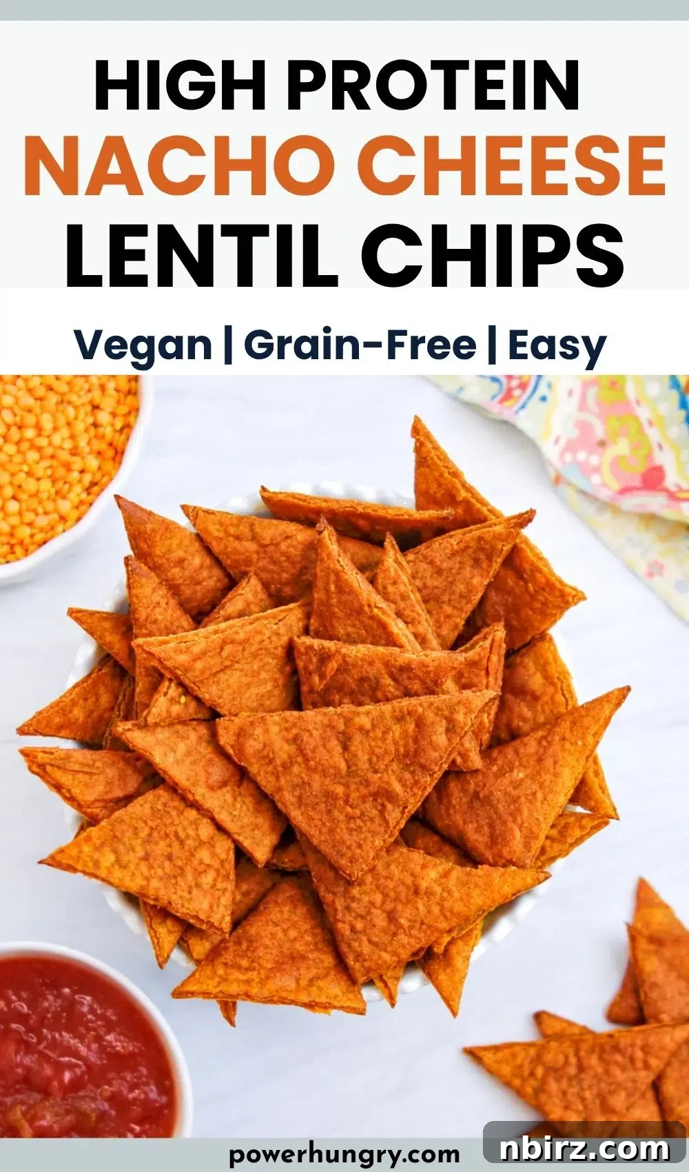 Crunchy Zesty High Protein Lentil Chips Vegan Grain Free 12 A wide shot of a bowl of high-protein red lentil nacho cheese chips, inviting and ready for serving.