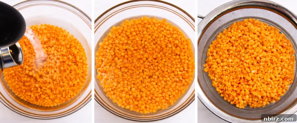 Crunchy Zesty High Protein Lentil Chips Vegan Grain Free 5 Three-photo collage showing the process of soaking red lentils: dry, soaking in water, and plump after soaking.