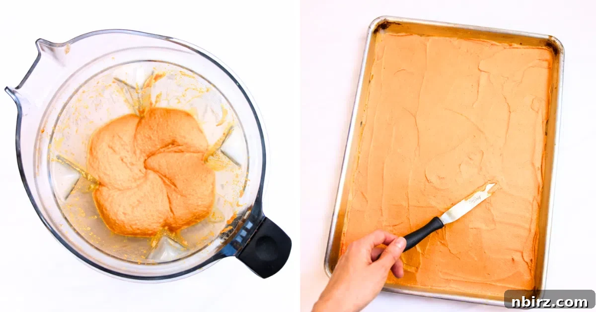 Crunchy Zesty High Protein Lentil Chips Vegan Grain Free 6 Smooth, orange-colored lentil chip batter evenly spread on a parchment-lined baking sheet.