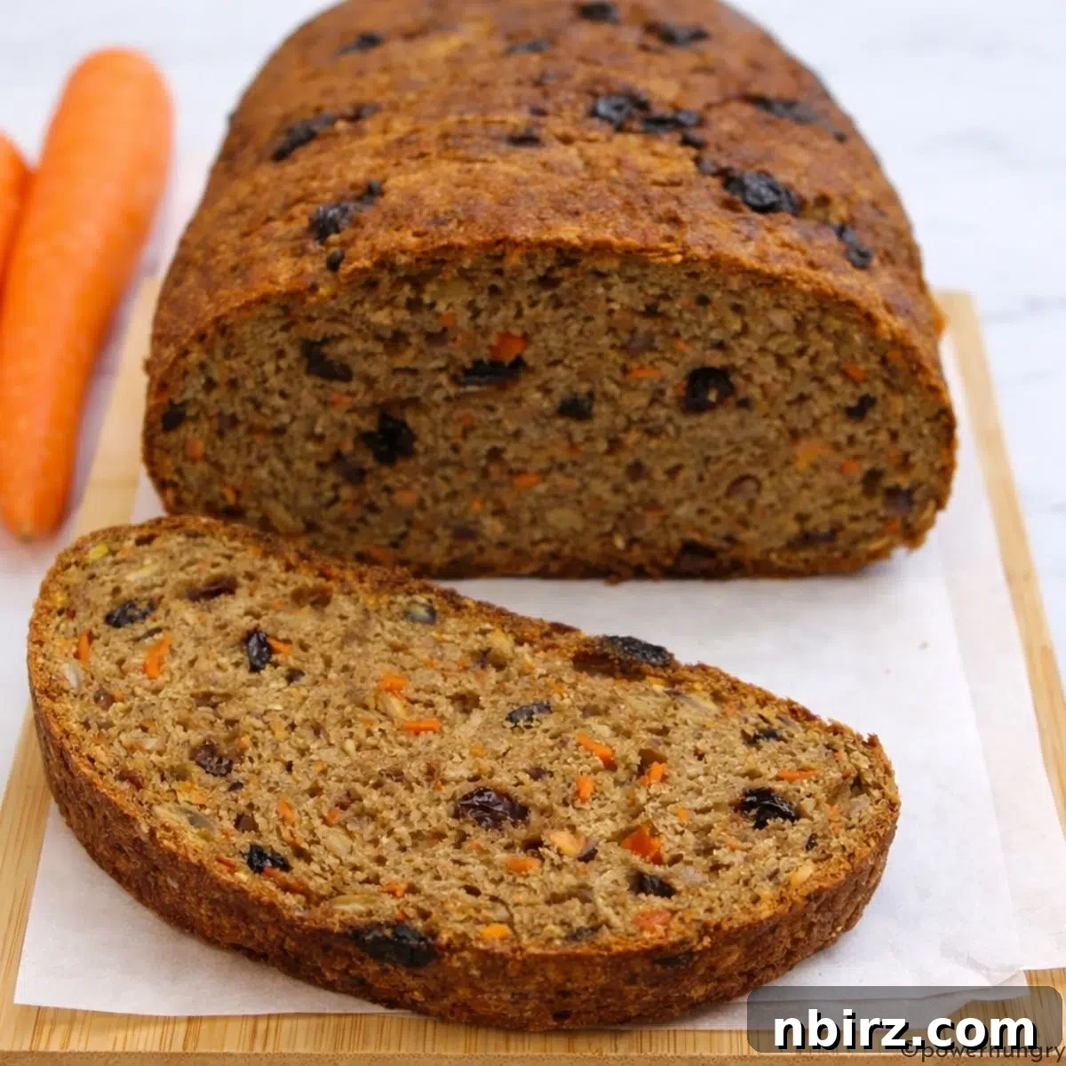 Guilt Free Carrot Cake Lentil Bread High Protein Vegan Grain Free 6 Sliced lentil carrot bread, sliced to reveal interior texture
