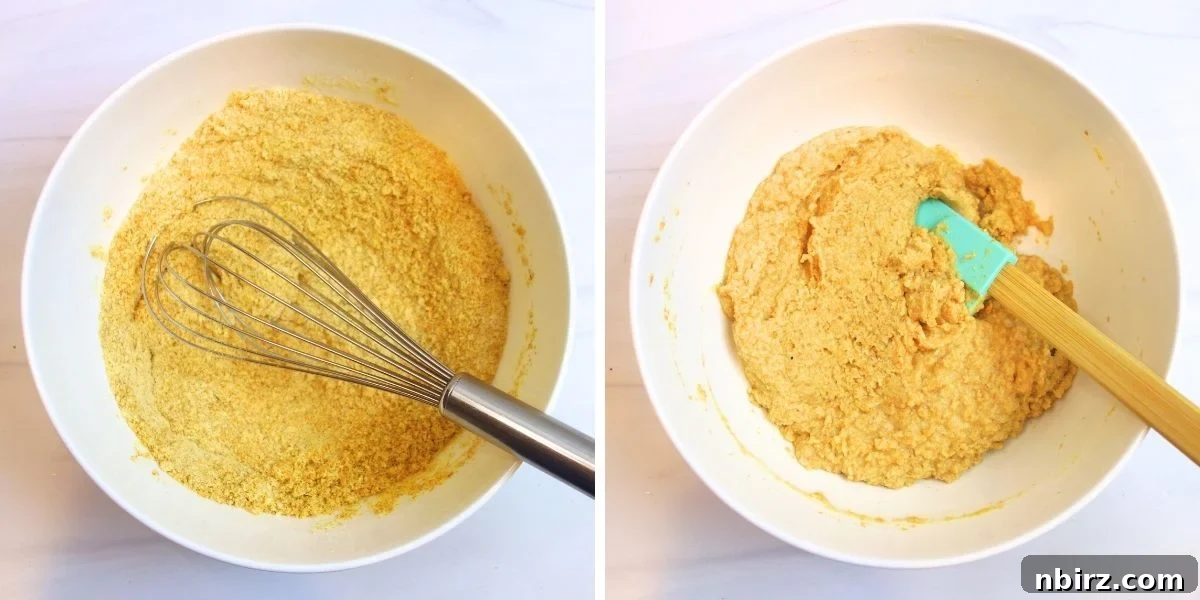 The thick, spreadable dough for chickpea flour crackers in a mixing bowl