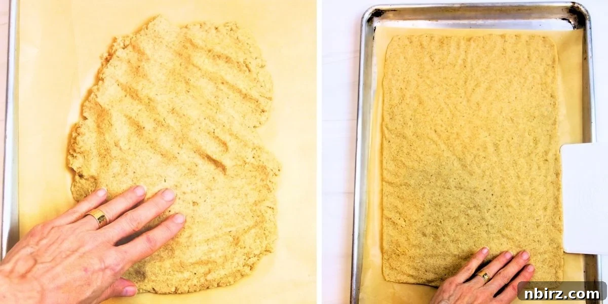 Demonstration of spreading and shaping the 2-ingredient no-roll chickpea flour cracker dough on a baking sheet