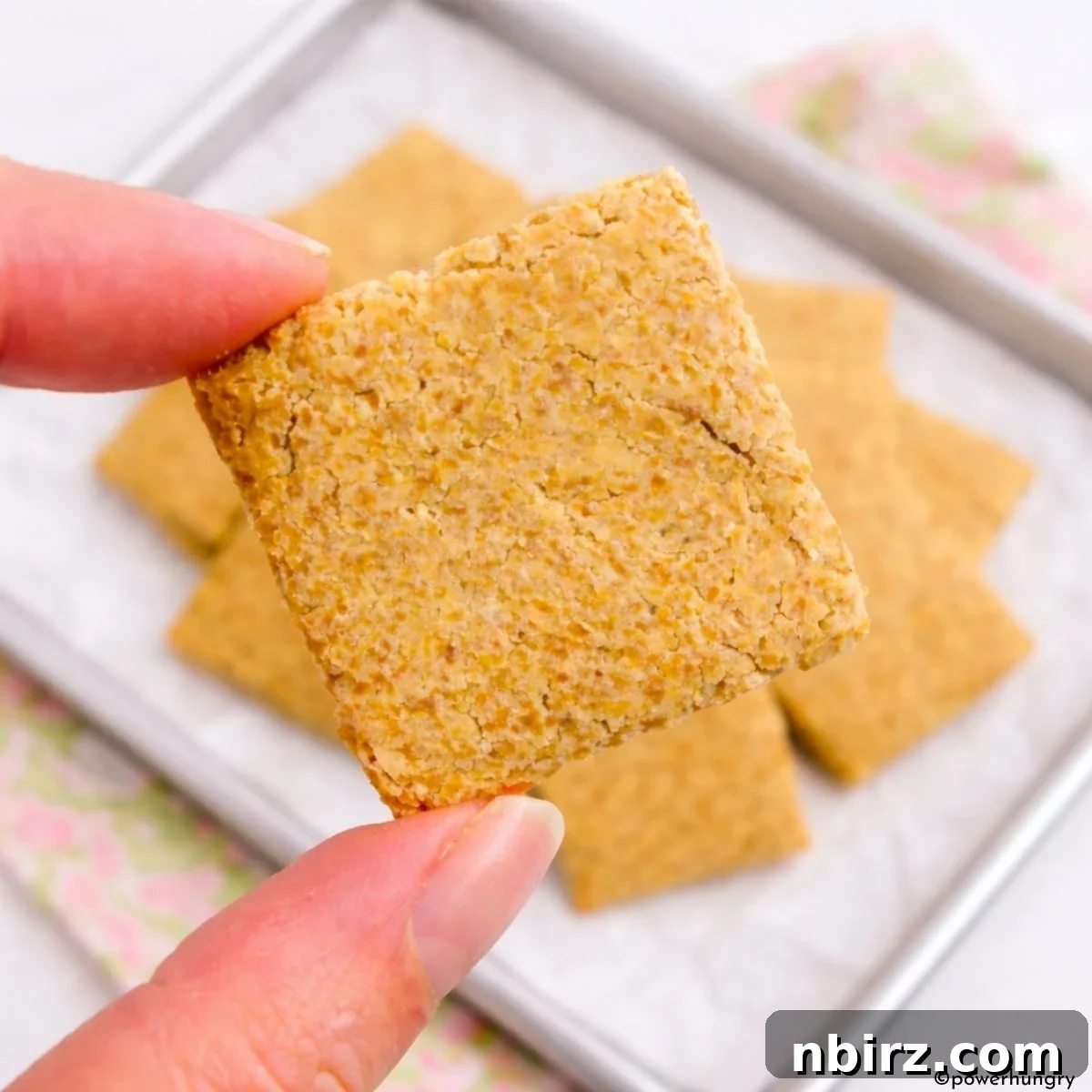 A single chickpea flour flax cracker, held delicately between a person's fingertips, showcasing its thin and crispy profile