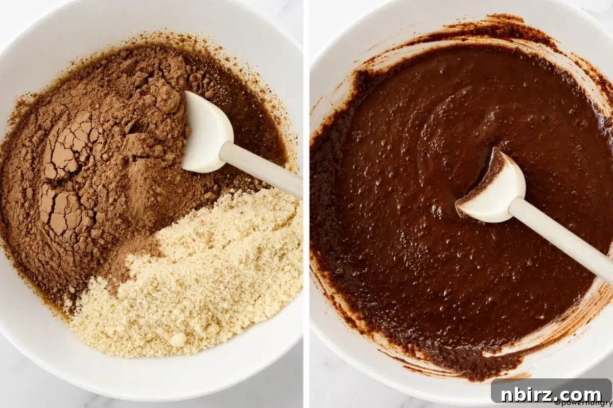 Decadent Grain-Free Vegan Carob Almond Brownies 6 Two-photo collage showing dry ingredients being added to the wet mixture, then fully combined to form the thick batter for vegan carob almond flour brownies.
