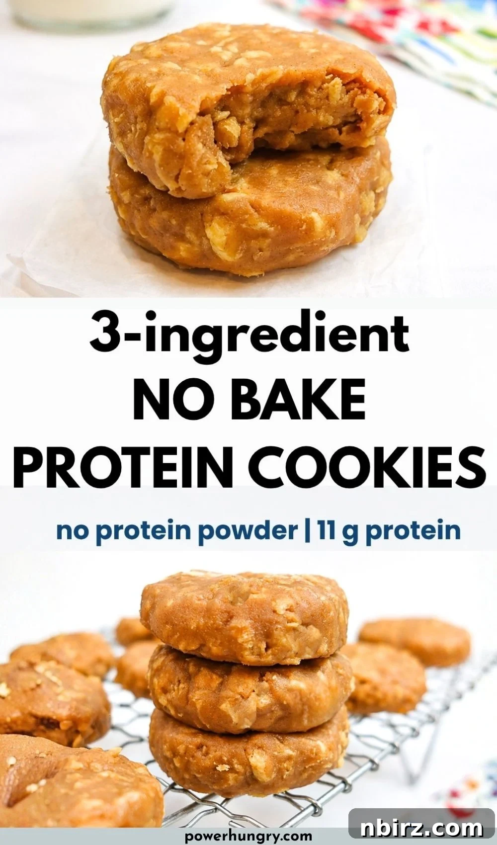3-Ingredient Vegan No‑Bake Protein Cookies (Grain-Free) 12 two photo collage of no-bake protein cookies