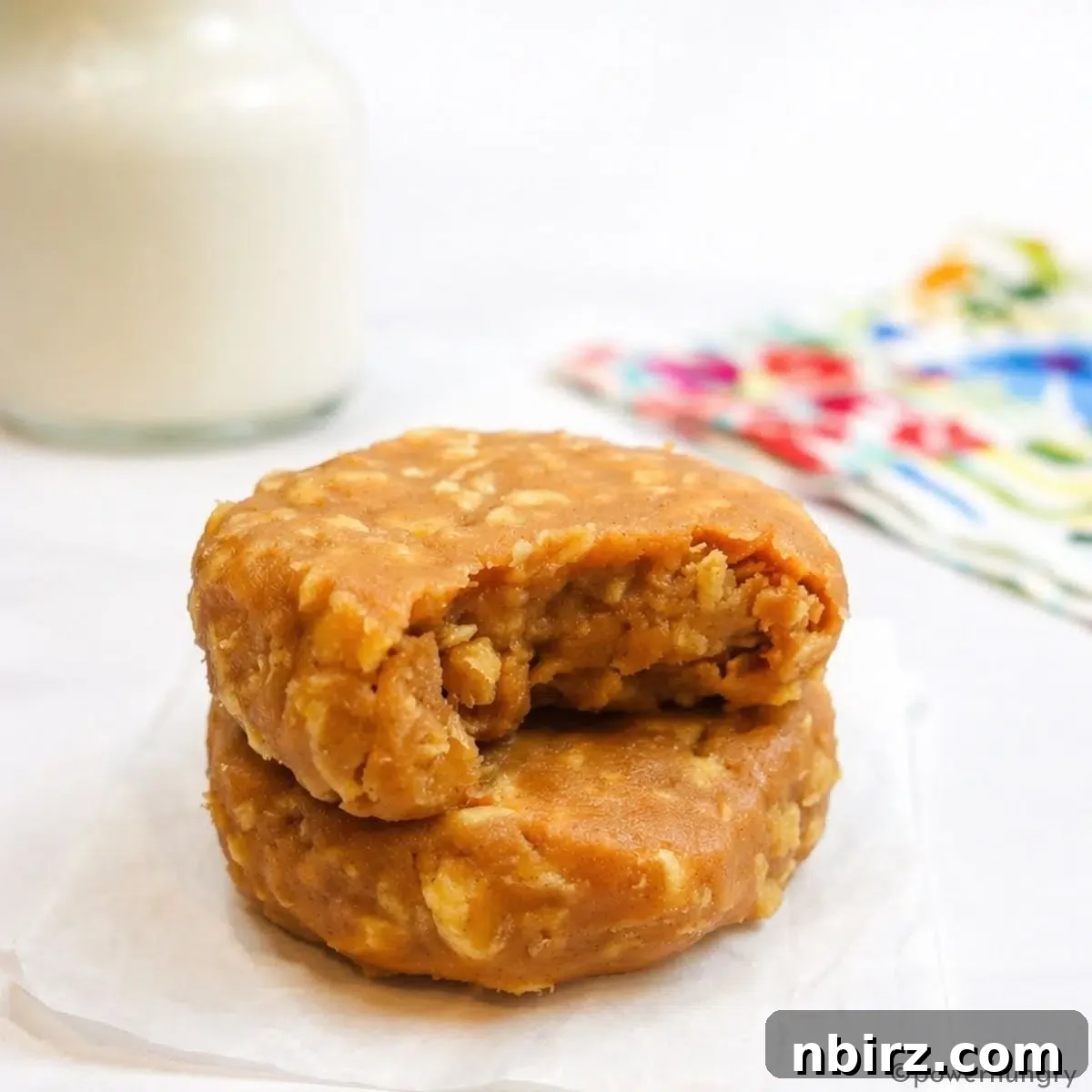 3-Ingredient Vegan No‑Bake Protein Cookies (Grain-Free) 10 Two 3-ingredient no bake protein cookies, stacked, with a bite out of one of them.