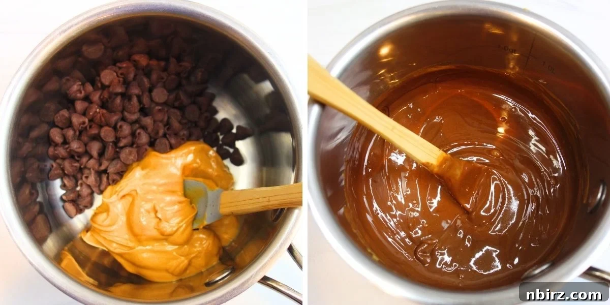 photo collage showing how to melt the wet ingredients for no bake chocolate protein cookies