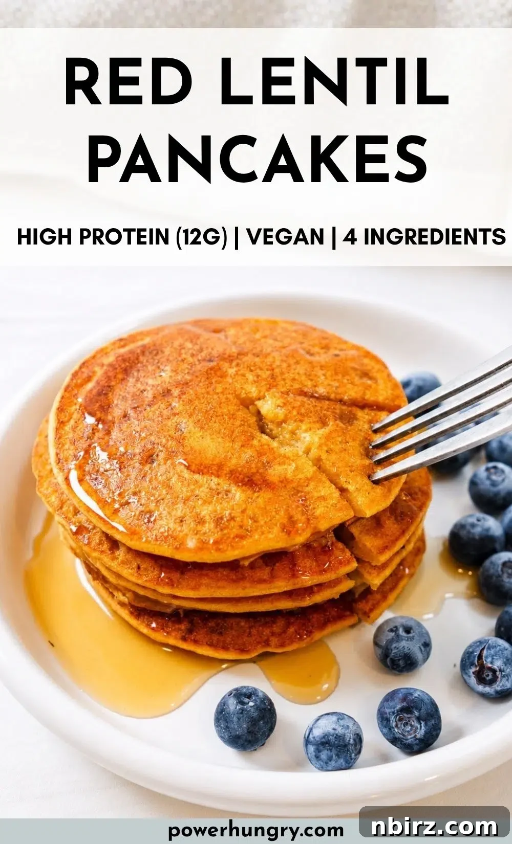 4-Ingredient High-Protein Vegan Red Lentil Pancakes 10 stack of red lentil pancakes with maple syrup