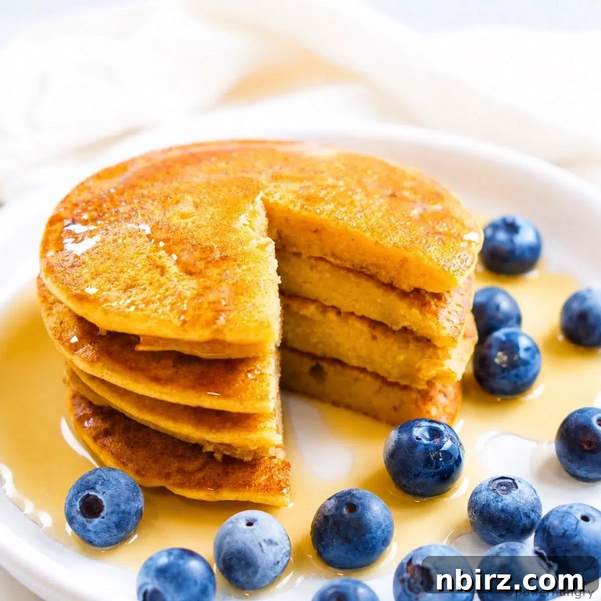 4-Ingredient High-Protein Vegan Red Lentil Pancakes 3 stack of red lentil pancakes with maple syrup