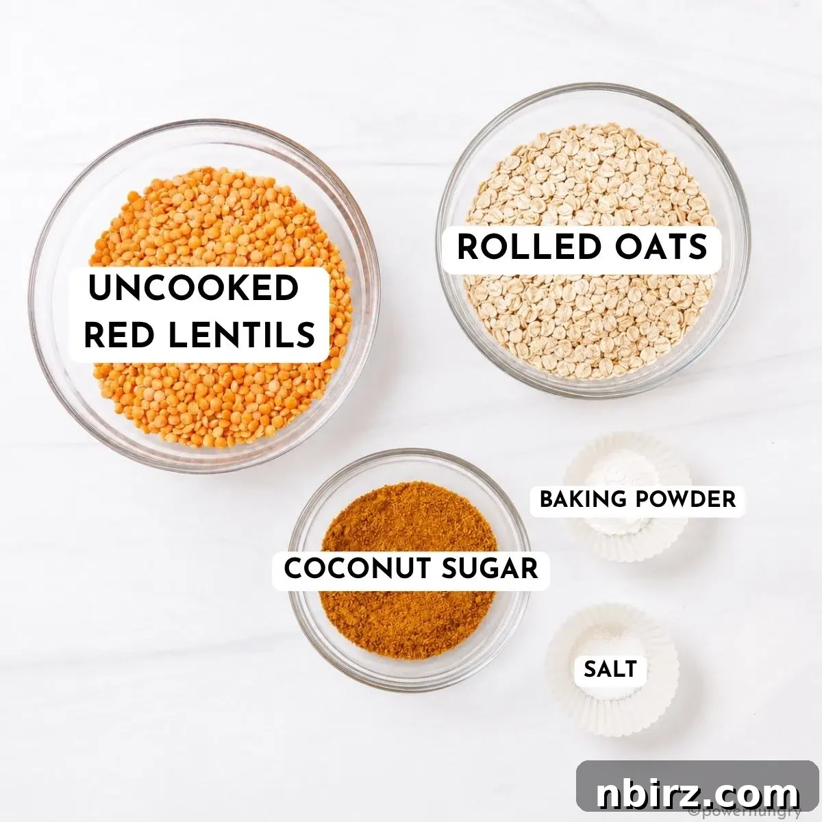 4-Ingredient High-Protein Vegan Red Lentil Pancakes 4 ingredients for red lentil pancakes, in clear glass bowls