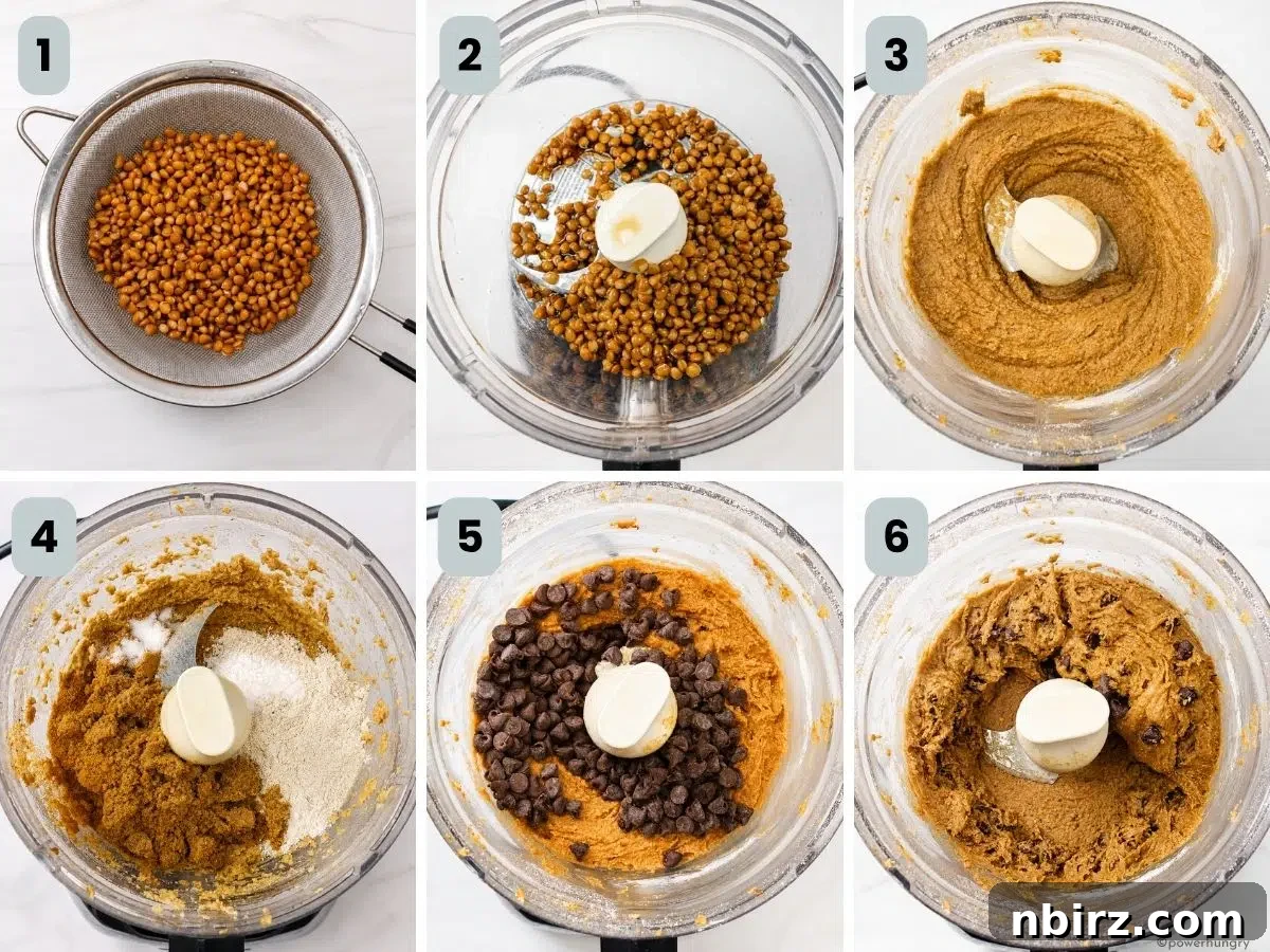 6 photo collage showing how to make the dough for vegan lentil chocolate chip cookies