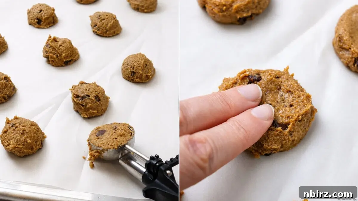 2 photo collage showing how to shape  vegan lentil chocolate chip cookie dough