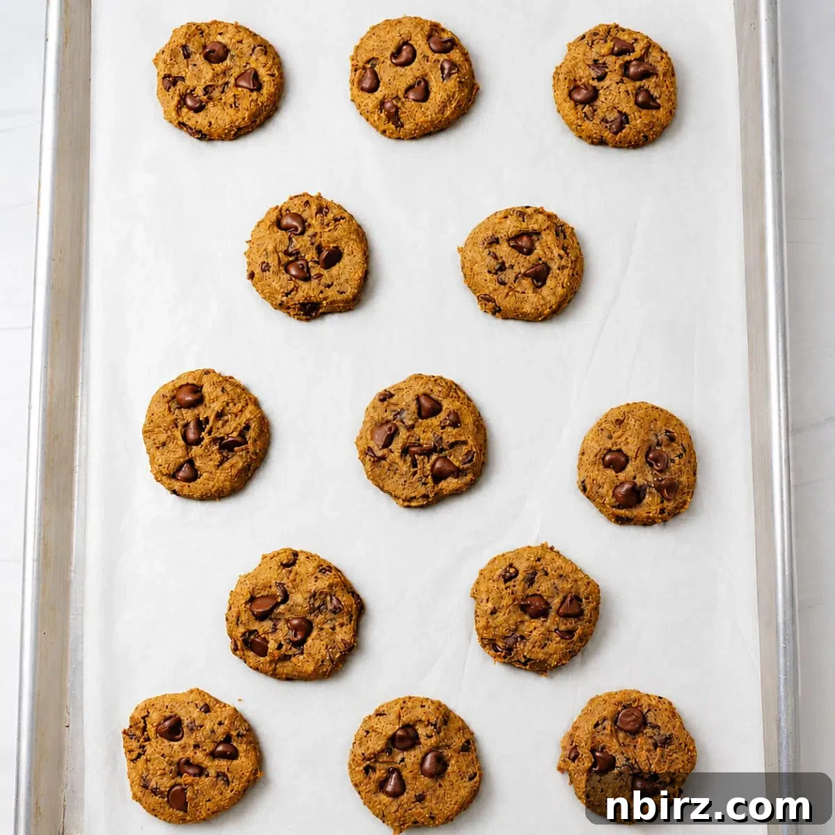 baked vegan lentil chocolate chip cookies on a baking sheet