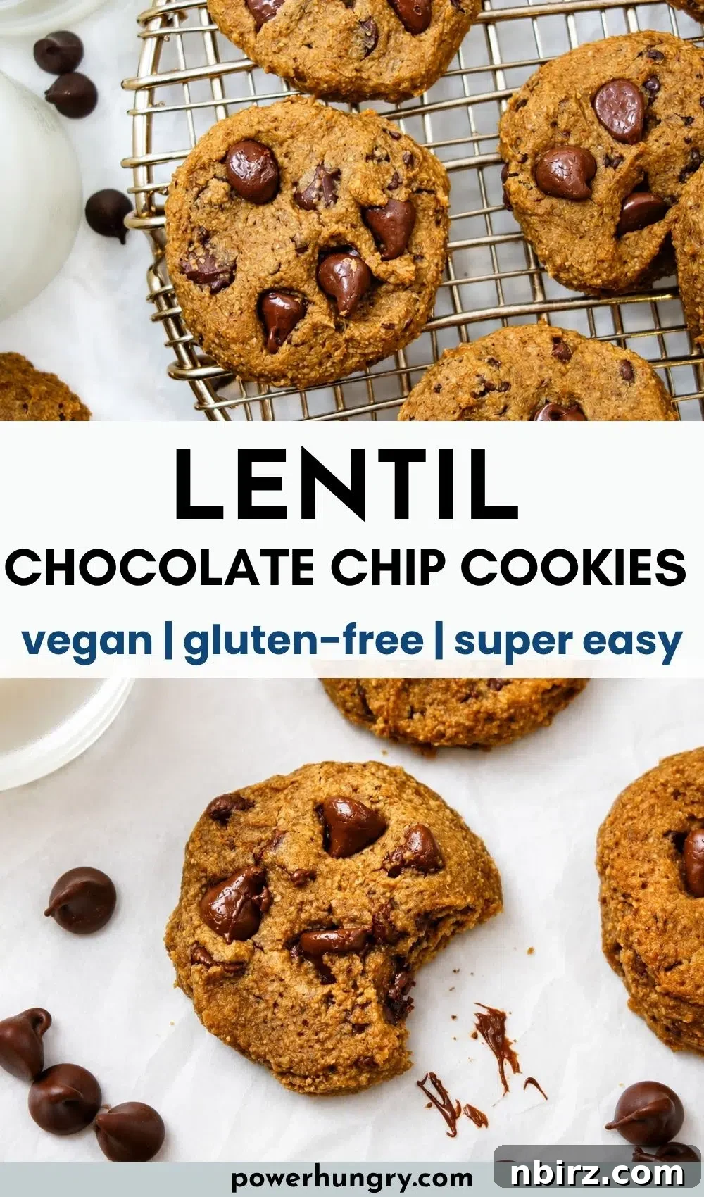 vegan lentil chocolate chip cookies on a cooling rack and white parchment paper