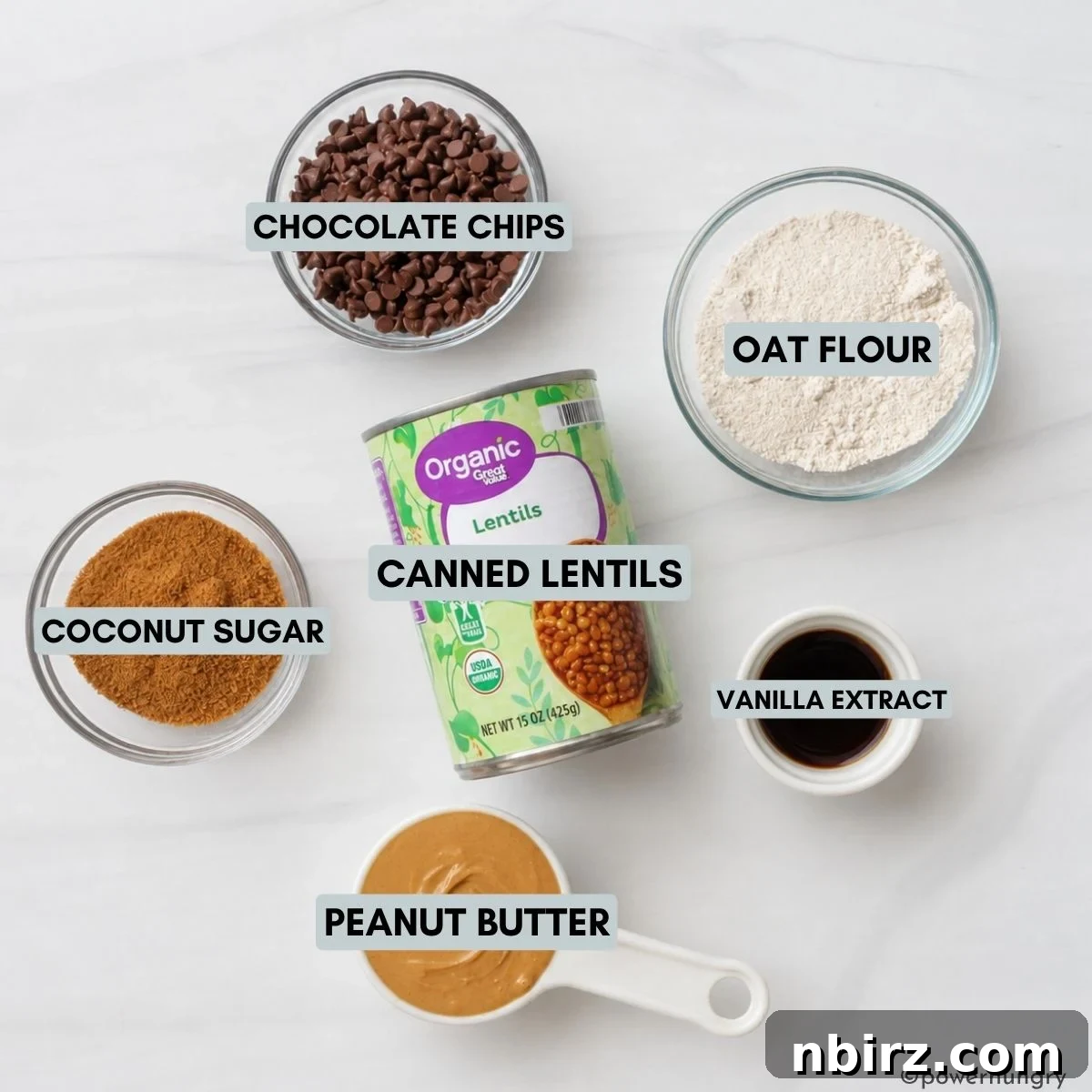 Protein-Packed Lentil Cookie Dough Recipe 4 overhead flatlay shot of ingredients for high protein lentil cookie dough