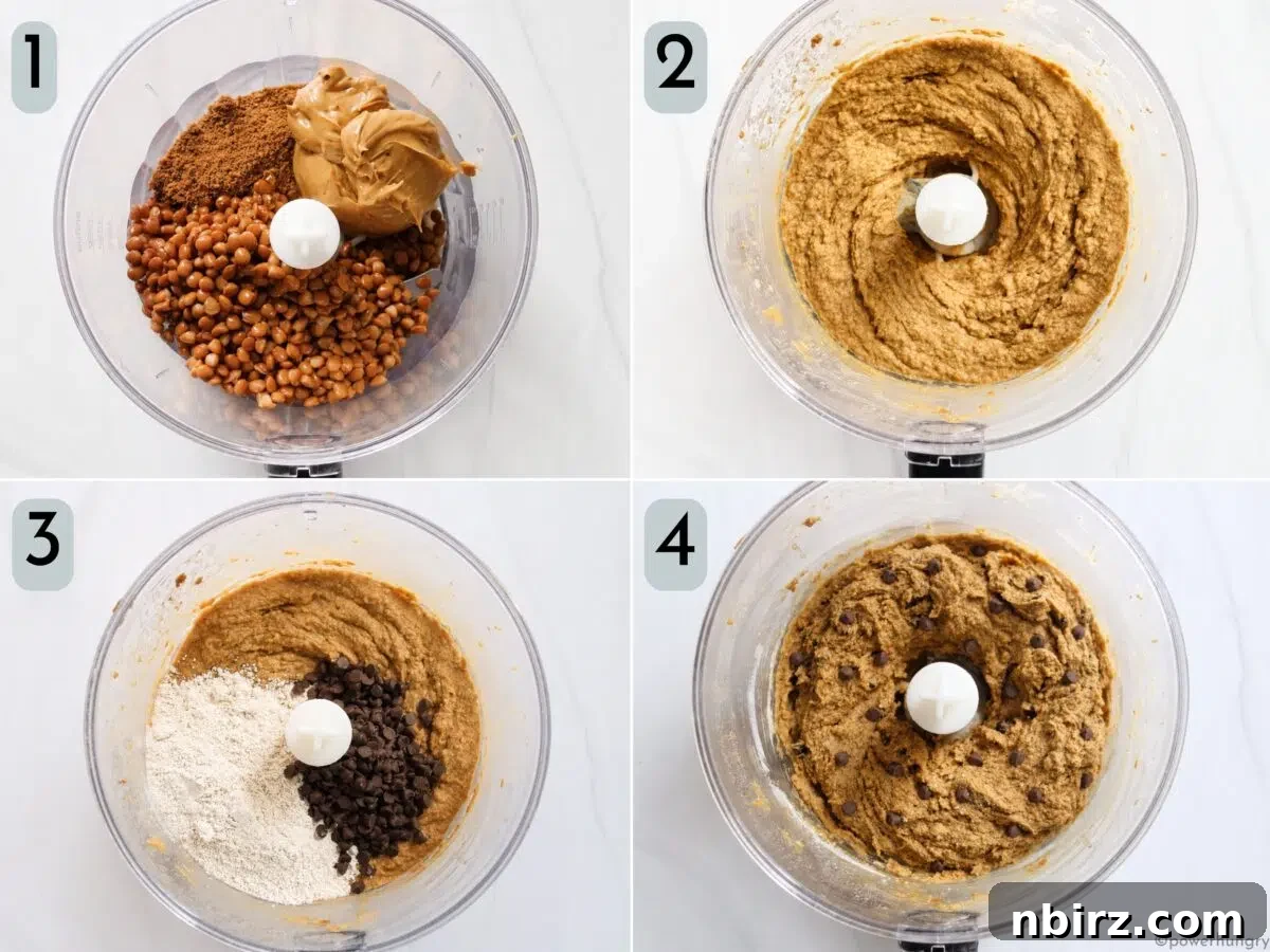 Protein-Packed Lentil Cookie Dough Recipe 5 four photo collage showing how to blend high protein cookie in a food processor