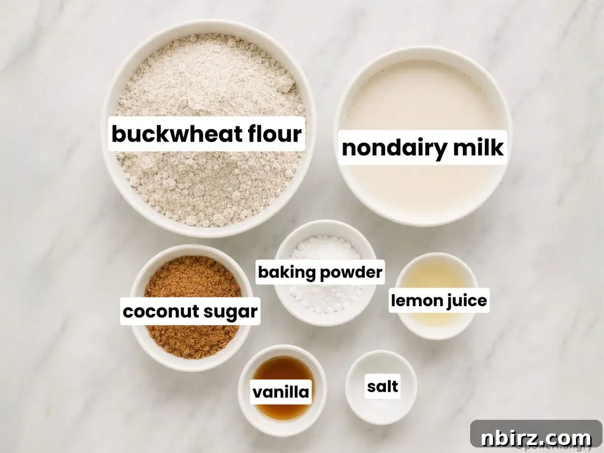 Fluffy Gluten-Free Vegan Buckwheat Pancakes 3 overhead shot of buckwheat flour pancakes ingredients