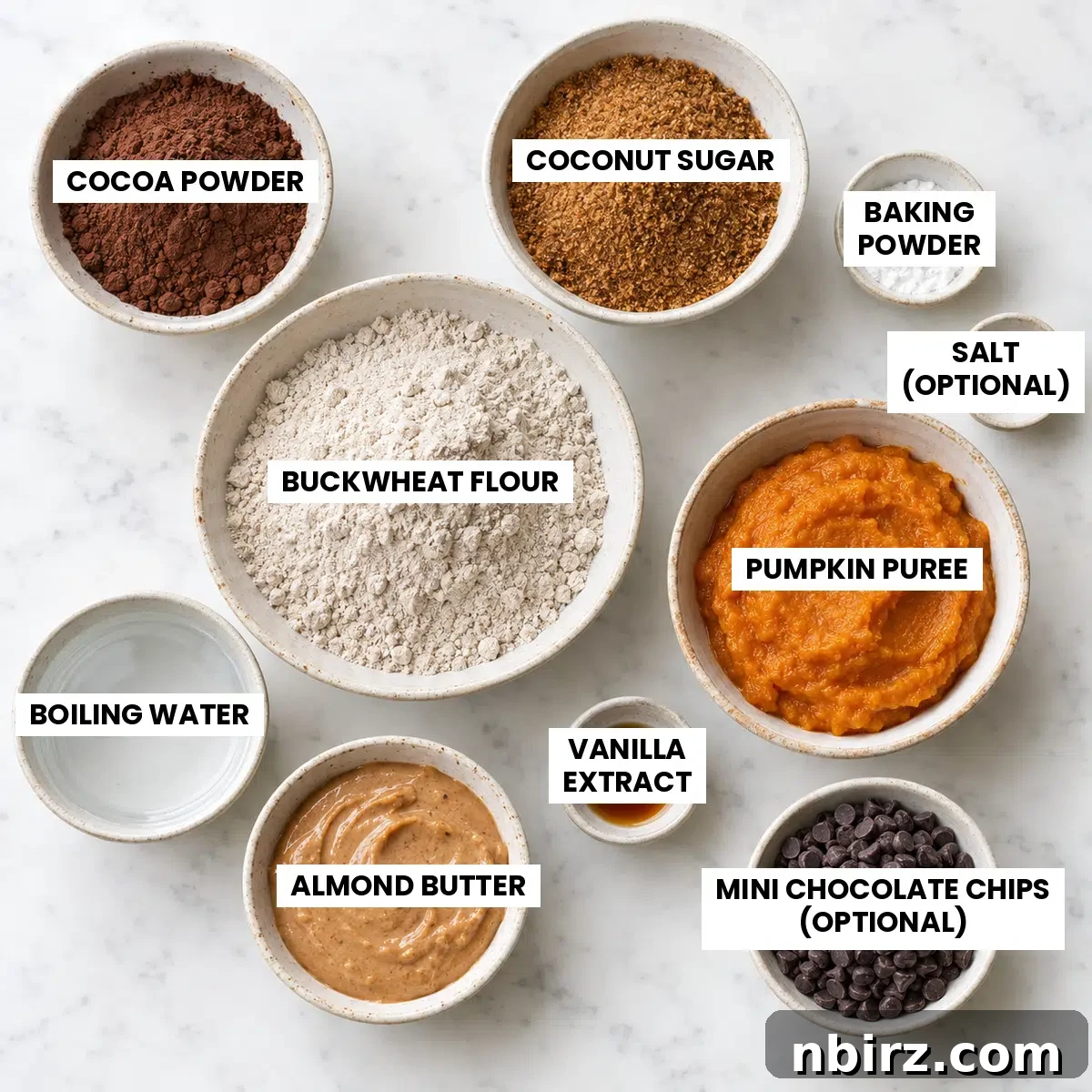 ingredients for vegan chocolate buckwheat muffins