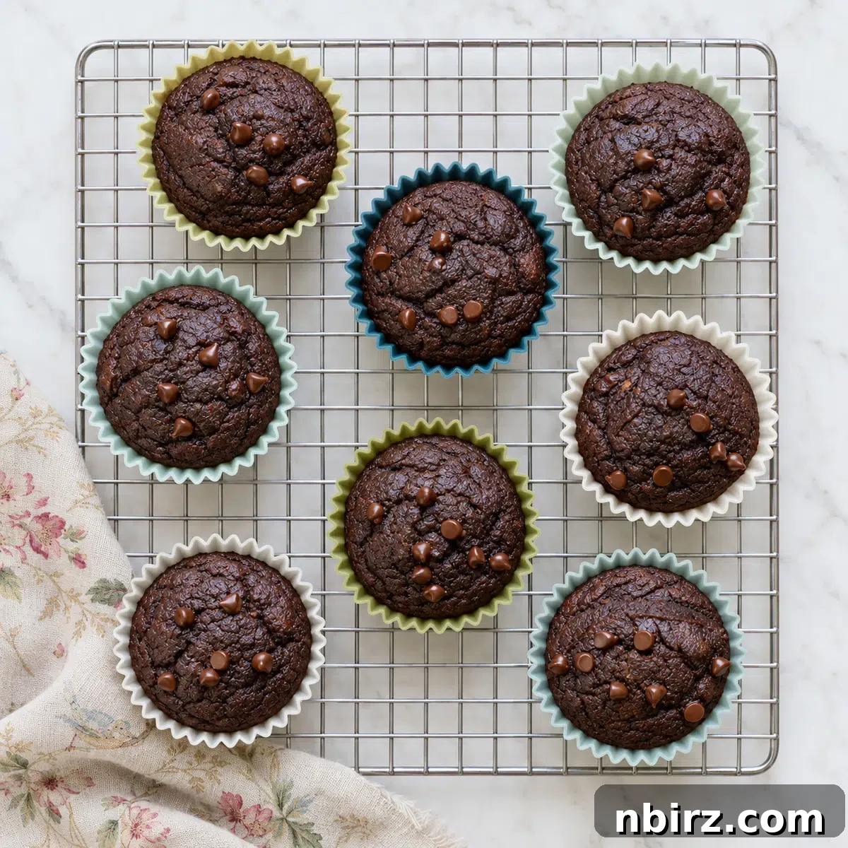 vegan chocolate buckwheat muffins cooling on a cooling rack